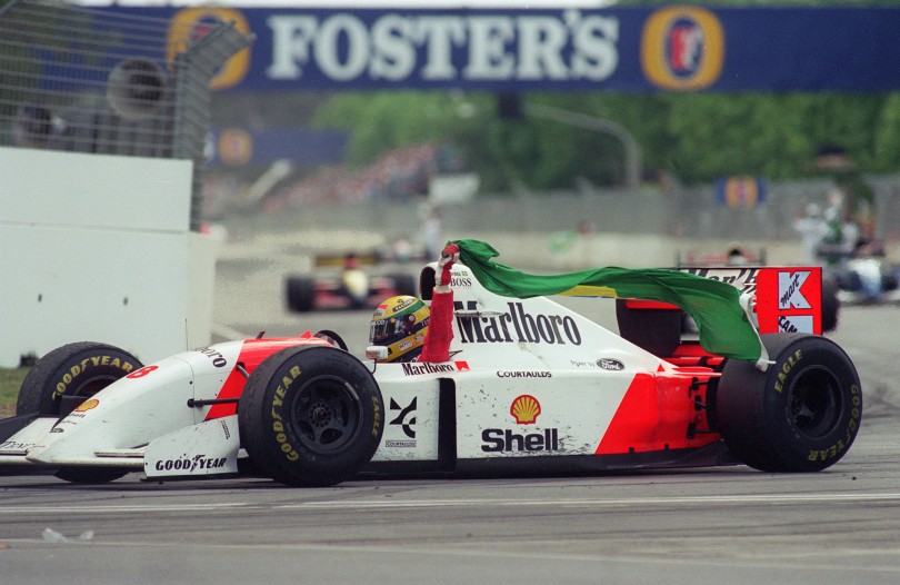 Brazilian Formula One champion Ayrton Senna takes